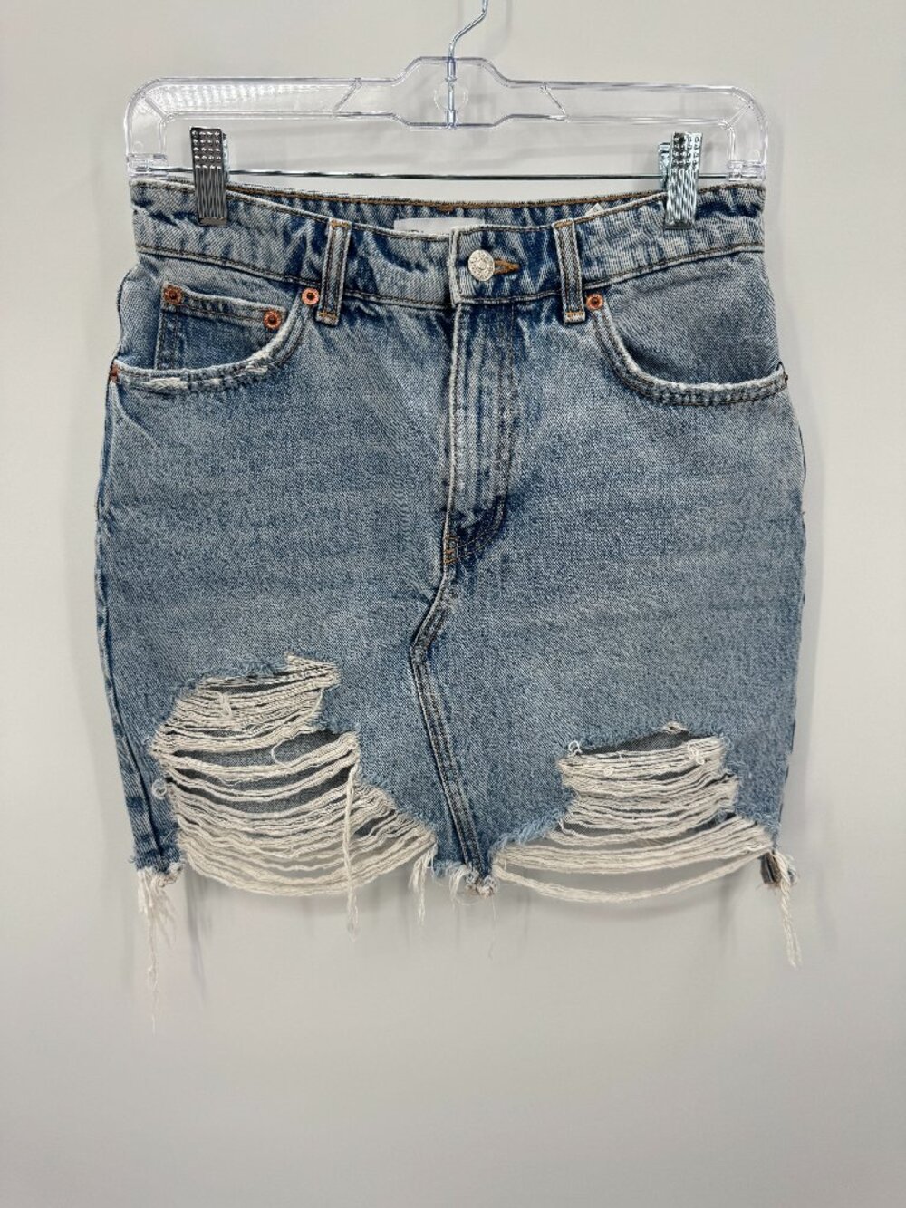 Zara Distressed Denim Mini Skirt Womens Medium Acid Wash Raw Fringed Hem